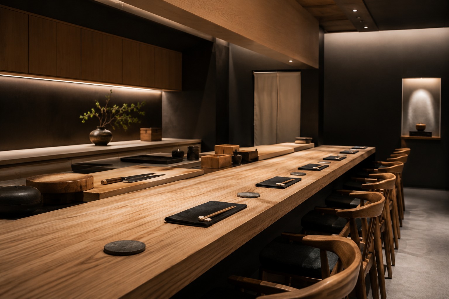 A meleg hinoki pult a KŌJI omakase termében